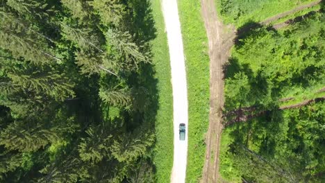 Aerial-vertical-view-of-a-car-driving-in-Verdun-Forest-path